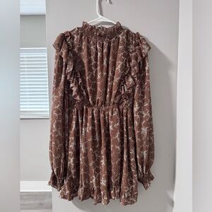 Chic Ruffle Long Sleeve Dress in Brown Floral